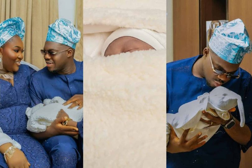 Cute Abiola unveils newborn son name and face in family photos Kemi Filani blog