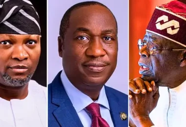 L R Governorship aspirant Abdulazeez Jandor Adediran Lagos Deputy Governor Obafemi Hamzat and Presi