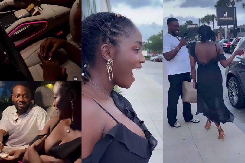Sweet moment Adekunle Gold surprises wife Simi with a brand new Mercedes Benz and ring for her 38th