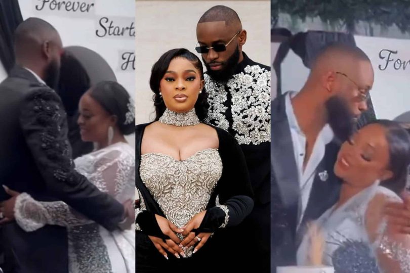 Sweet moment from BBNaija Emmnauel and Cylia Nyanghe white wedding reception Kemi Filani blog