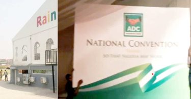 Workers fixing banner at the venue of the African Democratic Congress ADC national convention in Abu