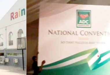 Workers fixing banner at the venue of the African Democratic Congress ADC national convention in Abu