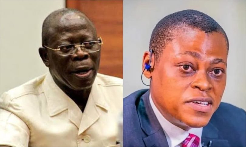L R Senator Adams Oshiomhole and Nigerian Journalist Rufai Oseni