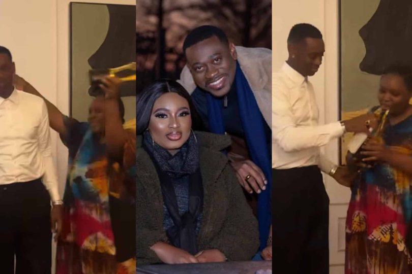 Lateef Adedimeji presents Mo Bimpe with AMVCA award