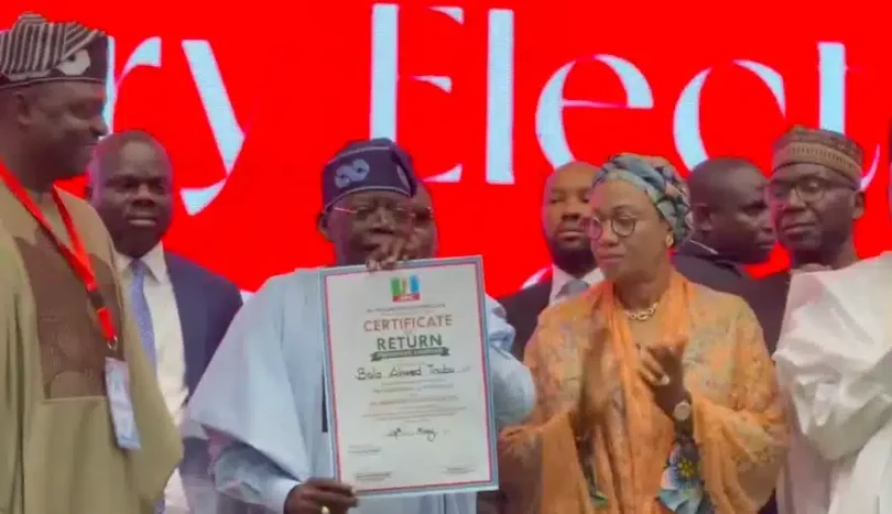 President Bola Ahmed Tinubu receives the All Progressives Congress Certificate of Return. Photo cred
