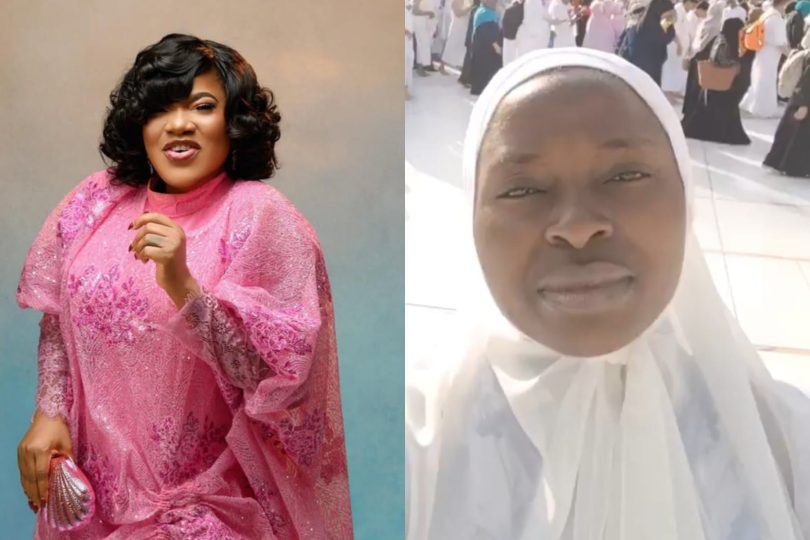 Toyin Abraham reacts as woman prays for her in Kaaba