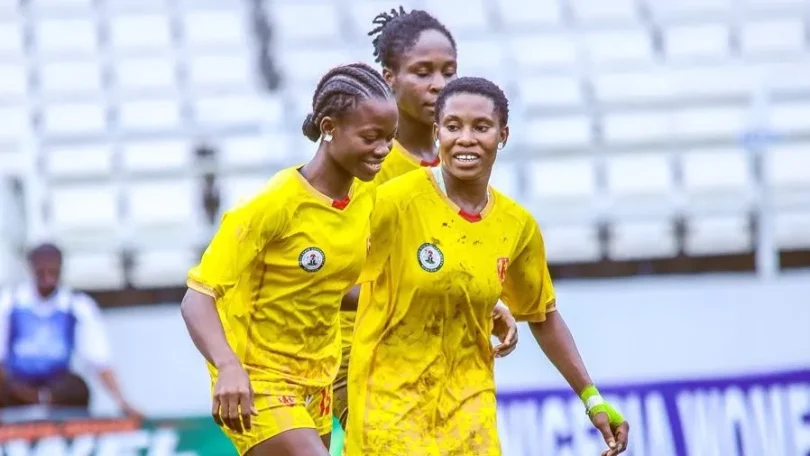 Chioma Moses dey jubilate after her late goal inside the NWFL title charge 1