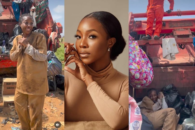 Ini Dima Okojie climbs dumpster truck
