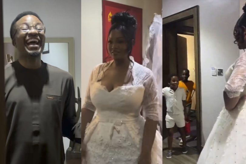 Toolz husband reaction as she tries on her wedding dress