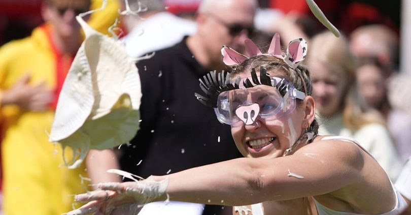 hundreds of spectators watch world custard pie championships