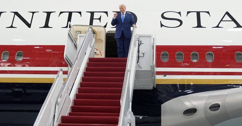 trump shows off former qatar owned jet which has become air force one
