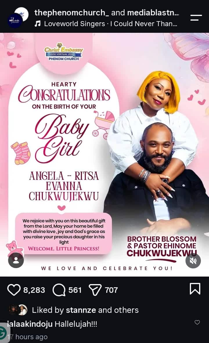 Blossom Chukwujekwu and wife welcome baby girl