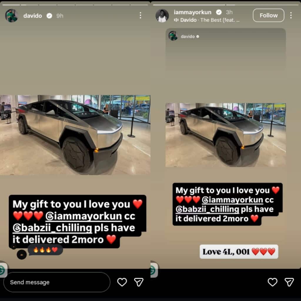 Davido gifts Mayorkun new cybertruck