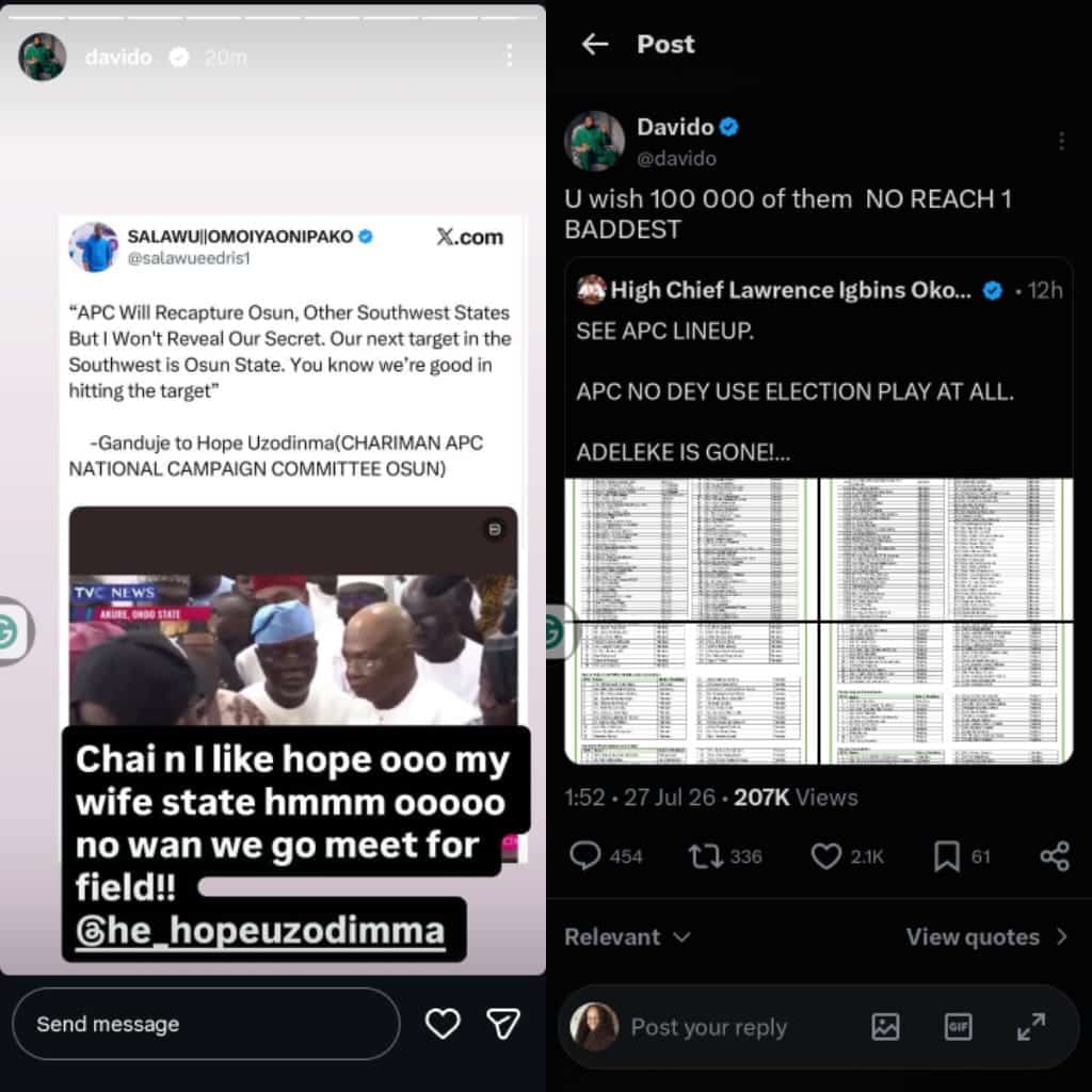 Davido reacts to Governor Hope campaign chairman