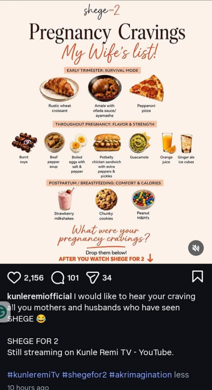 Kunle Remi wife's pregnancy cravings