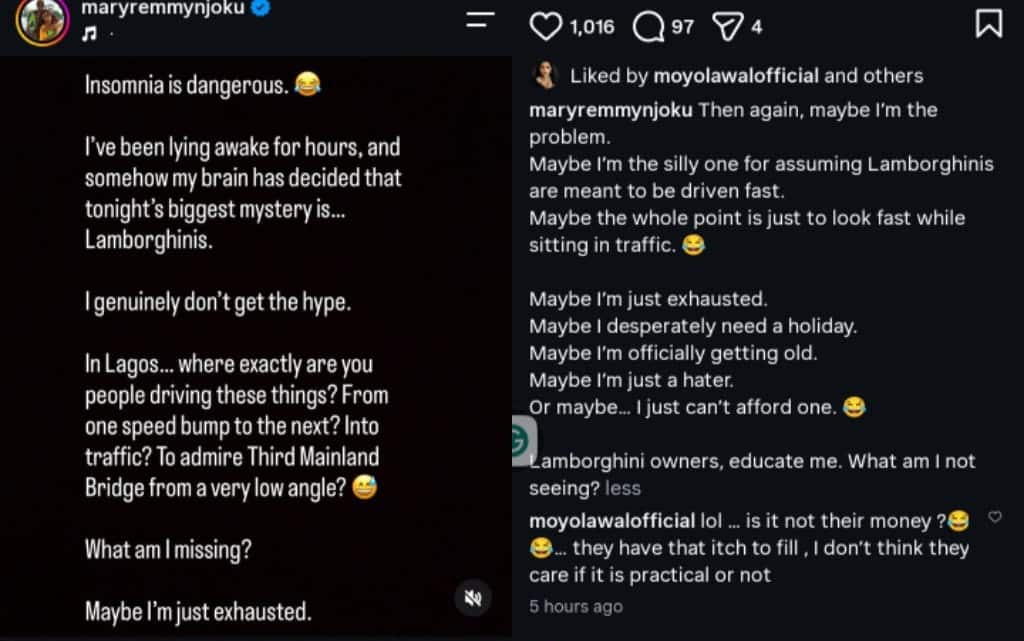 Mary Njoku questions Lamborghini owners in Lagos
