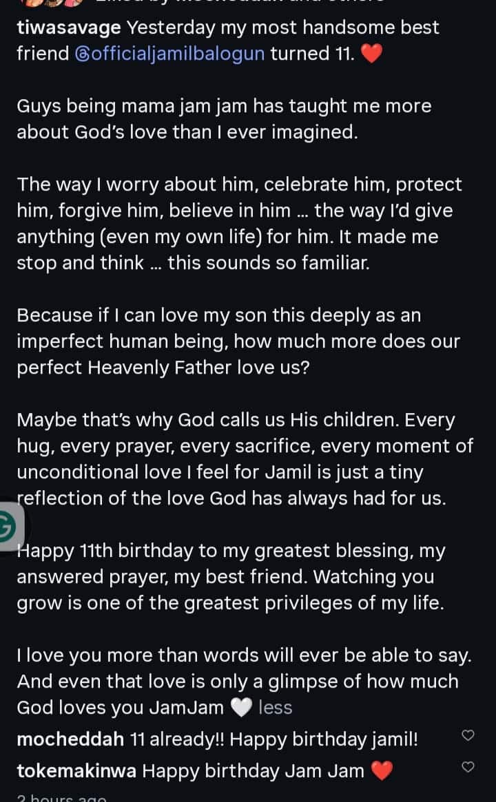 Tiwa Savage shares photos from sons 11th birthday