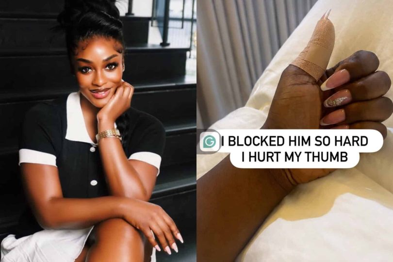 Uriel Oputa breaks thumb while blocking a man
