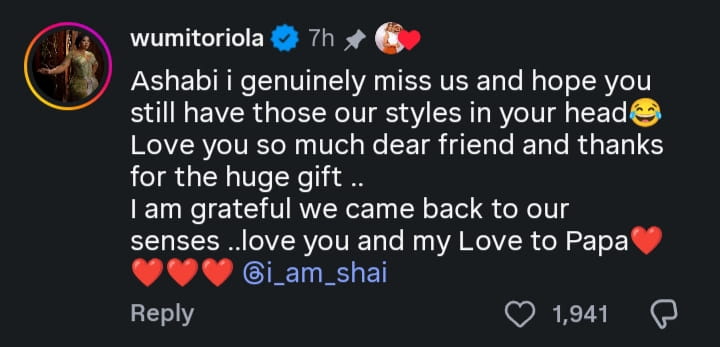 Wumi Toriola thanks Seyi Edun for her gifts